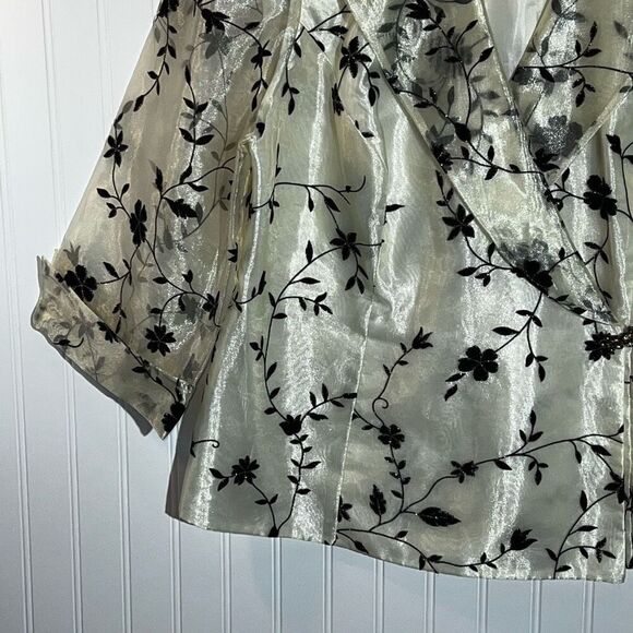 Dressbarn Evening Jacket Women 20W White Black Floral Print Crystal Hook Long Sl - Picture 4 of 10